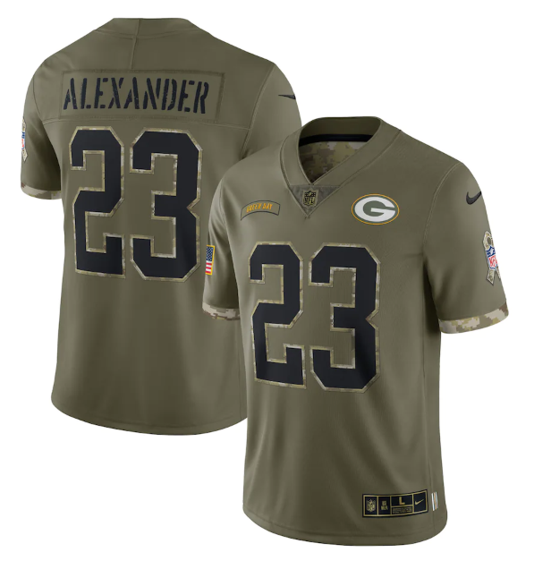 Men's Green Bay Packers #23 Jaire Alexander Olive 2022 Salute To Service Limited Stitched Jersey Men's Green Bay Packers #23 Jaire Alexander Olive 2022 Salute To Service Limited Stitched Jersey